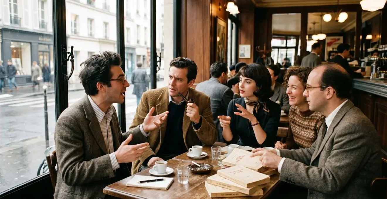 Intérieur d'un café parisien des années 1950 avec des hommes et femmes en discussion animée autour de livres