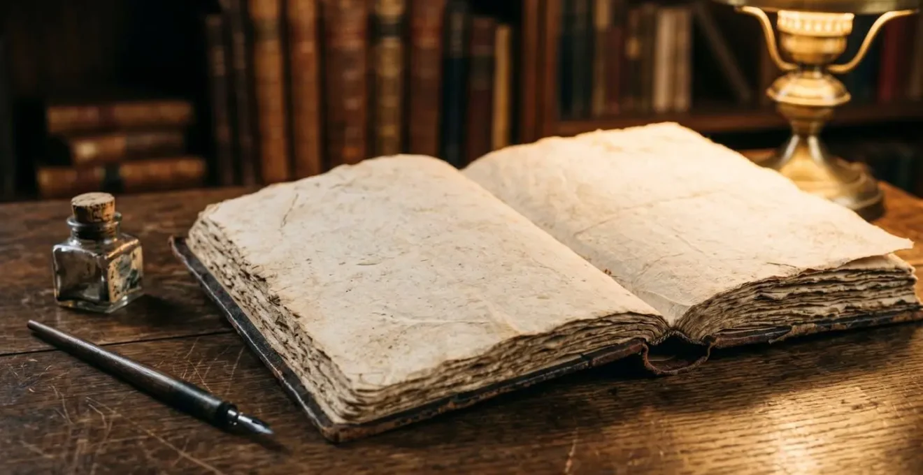 Manuscrit ouvert sur une table en bois avec une lumière chaude de lampe de bureau, symbole du travail philosophique